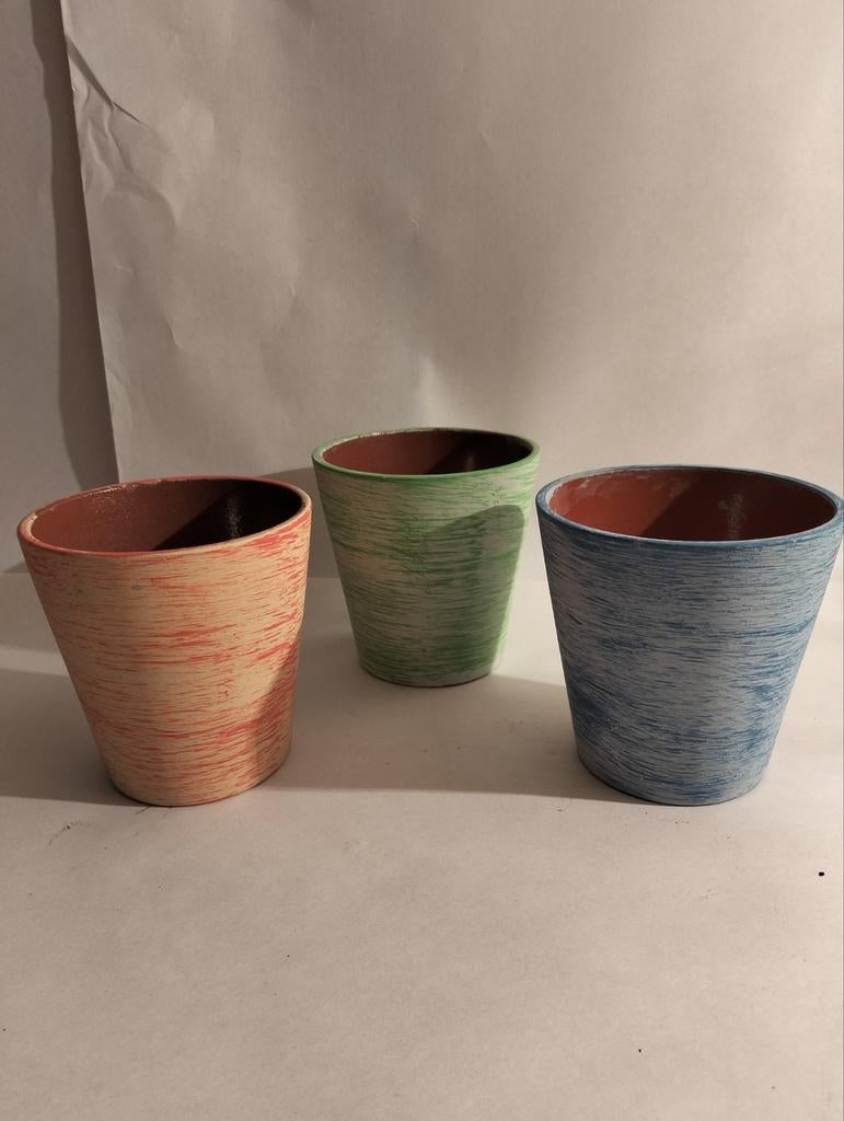 Set van 3 gekleurde bloempotten, Tuin en Terras, Ophalen of Verzenden, Rond, Steen, Minder dan 30 cm