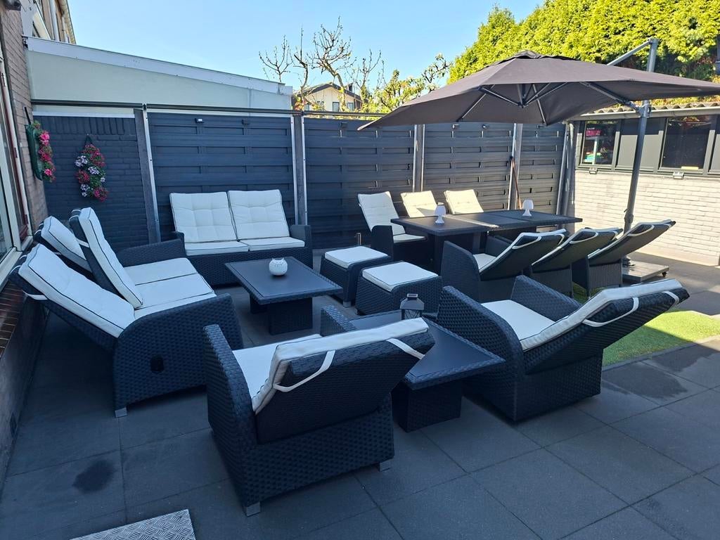 Zeer mooie mega grote verstelbare loungeset + tuinset, Ophalen, Gebruikt, Meer dan 8 zitplaatsen, Eettafel