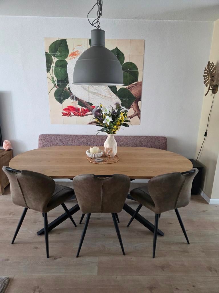 Eettafel met zwart stalen onderstel, Huis en Inrichting, Tafels | Eettafels, Ophalen, Gebruikt, 200 cm of meer, 50 tot 100 cm