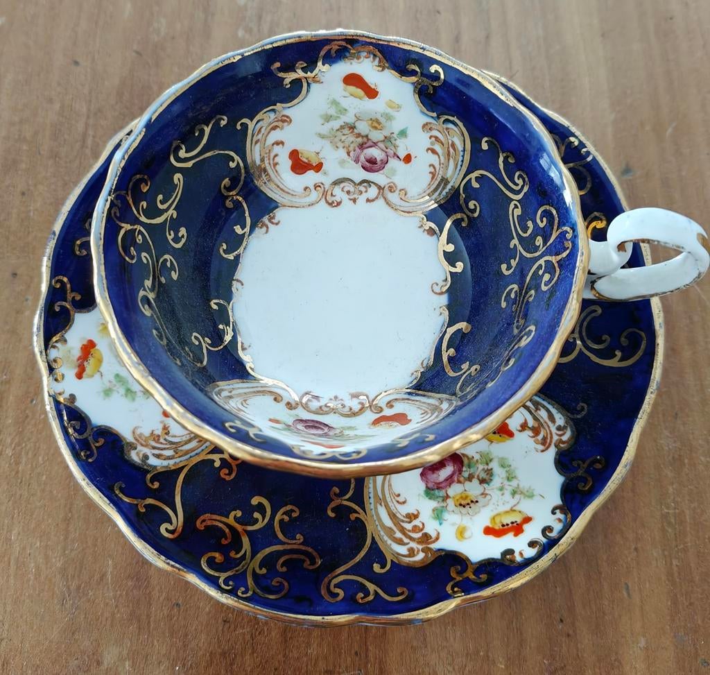 Antiek Porseleinen Kop en Schotel - Kobaltblauw & Goud 'Ena', Antiek en Kunst, Antiek | Porselein, Ophalen of Verzenden