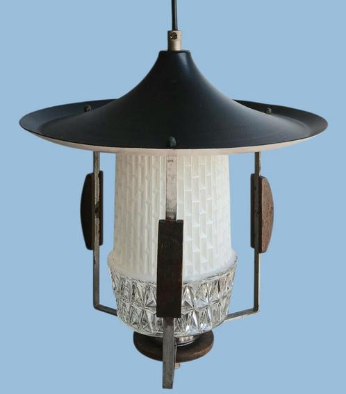 Vintage jaren 50/60 hanglamp/hallamp, bewerkt glas, zwarte m, Huis en Inrichting, Lampen | Hanglampen, Gebruikt, Minder dan 50 cm