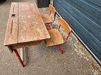 Oude schoolbank met 2 stoelen, Gebruikt, Twee, Bruin, Vintage