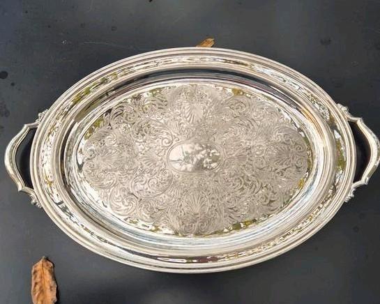 ONEIDA groot verzilverd ovalen dienblad met handvaten., Antiek en Kunst, Antiek | Goud en Zilver, Ophalen of Verzenden