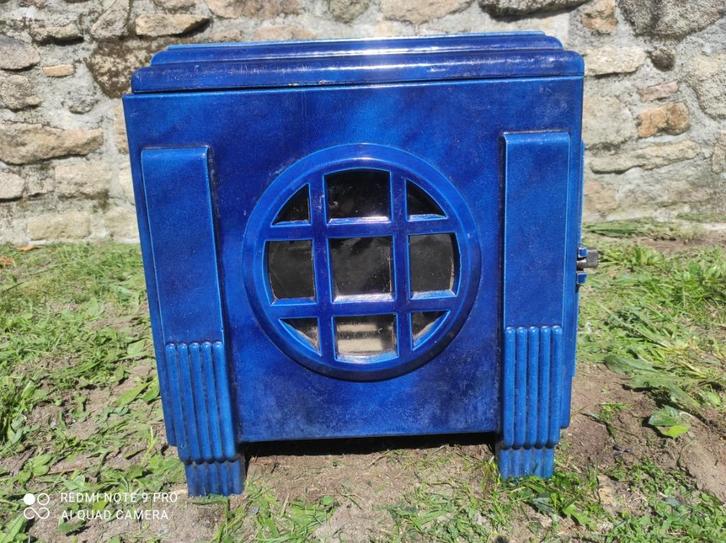 Prachtige franse blauwe emaille Art-deco houtkachel, Huis en Inrichting, Kachels, Gebruikt, Vrijstaand, Houtkachel, Hout, Ophalen