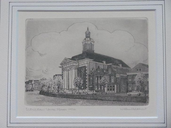 Schiedam Lange Haven - ets van Willem Veldhorst, Antiek en Kunst, Kunst | Etsen en Gravures, Ophalen of Verzenden