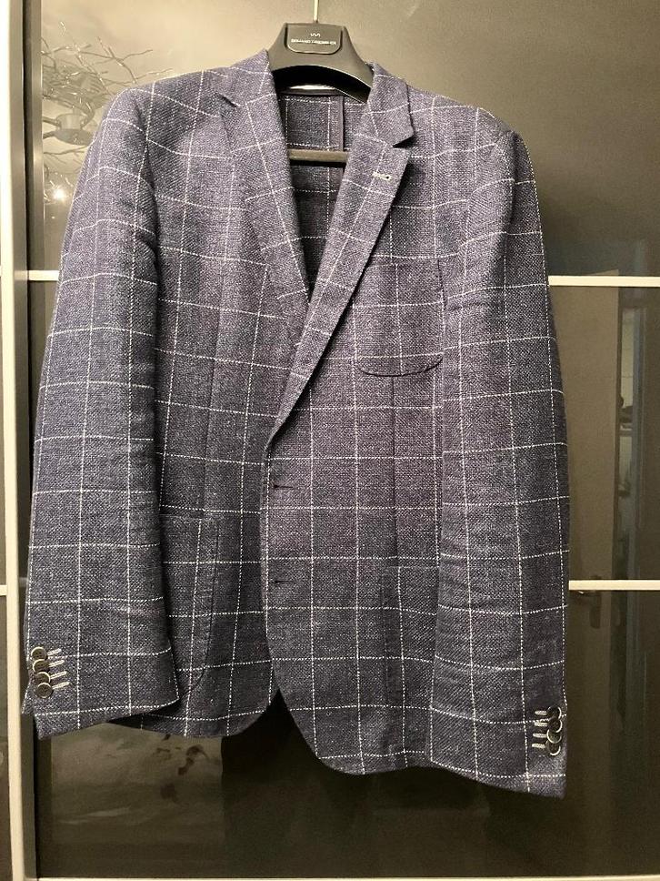 Colbert; Krijtstreep Ruit Donkerblauw; Linen-Wool; Benvenuto, Kleding | Heren, Kostuums en Colberts, Zo goed als nieuw, Maat 48/50 (M)