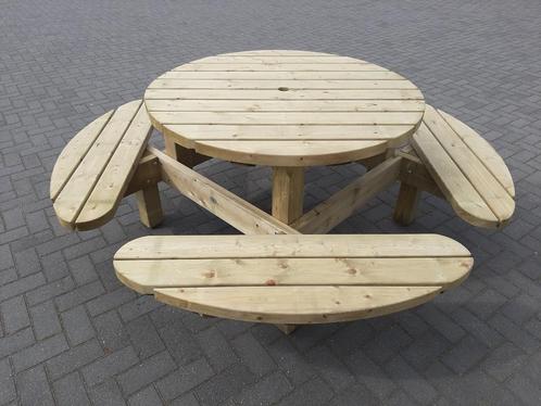 Talen 8 persoons ronde Picknicktafel met open instap!!, Tuin en Terras, Tuintafels, Nieuw, Rond, Hout, Ophalen of Verzenden