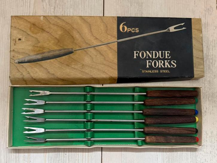 Vintage Fonduevorken Set - Retro Houten Handvatten - RVS, Witgoed en Apparatuur, Fonduesets, Gebruikt, Fondue-accessoires, Waxinelicht