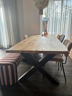 Eettafel 248 x 95 cm van oud eikenhout en stalen X poten, Huis en Inrichting, Ophalen, 200 cm of meer, 50 tot 100 cm, Zo goed als nieuw