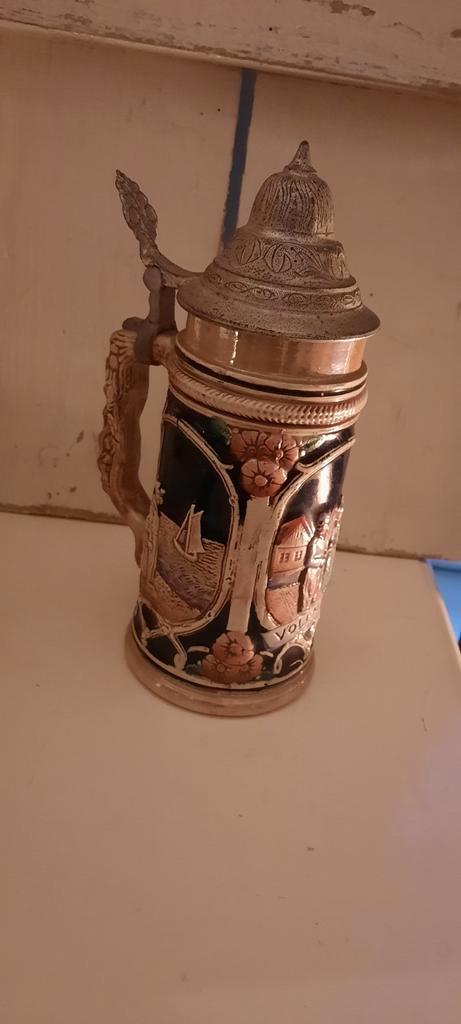 Oude vintage Volendam bierpul met tinnen deksel., Antiek en Kunst, Antiek | Keramiek en Aardewerk, Ophalen of Verzenden
