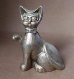 Vintage spaarpot kat poes zilverkleurig metaal jaren '60, Verzamelen, Spaarpotten, Metaal of Blik, Gebruikt, Ophalen of Verzenden