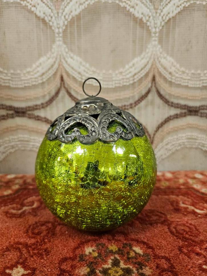 Groene heksenbal krakelee glazen kerstdecoratie kerstbal, Diversen, Kerst, Gebruikt, Ophalen of Verzenden