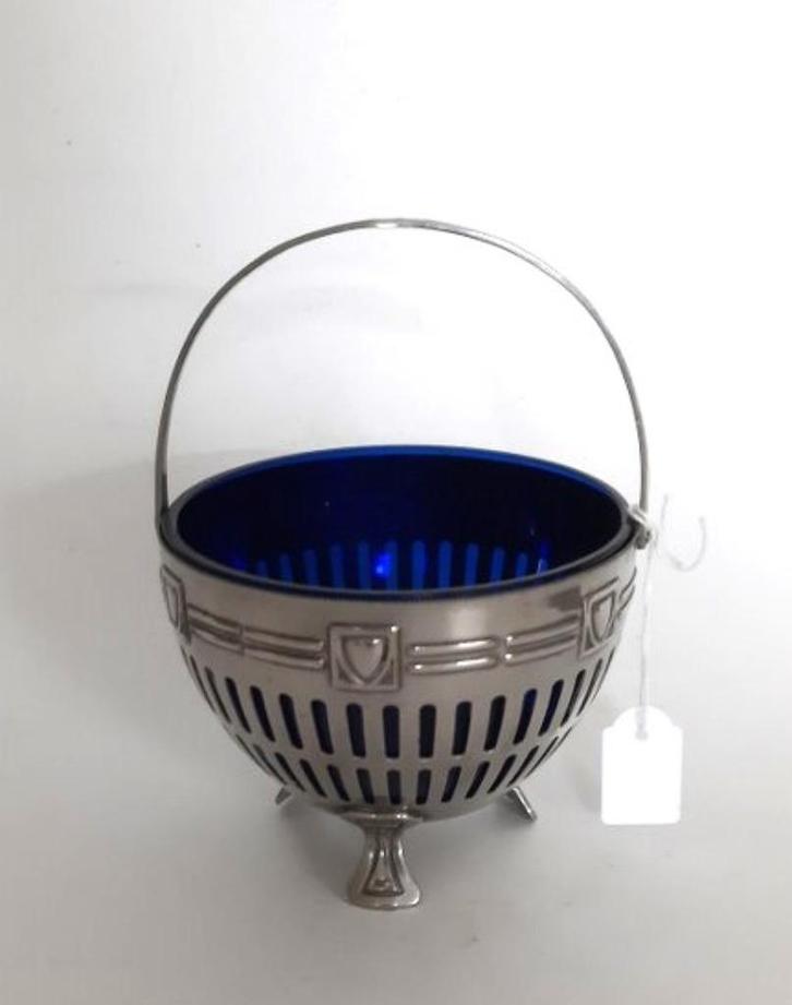 Prachtig verzilverd art deco suiker schaaltje met kobaltblau, Antiek en Kunst, Curiosa en Brocante, Ophalen