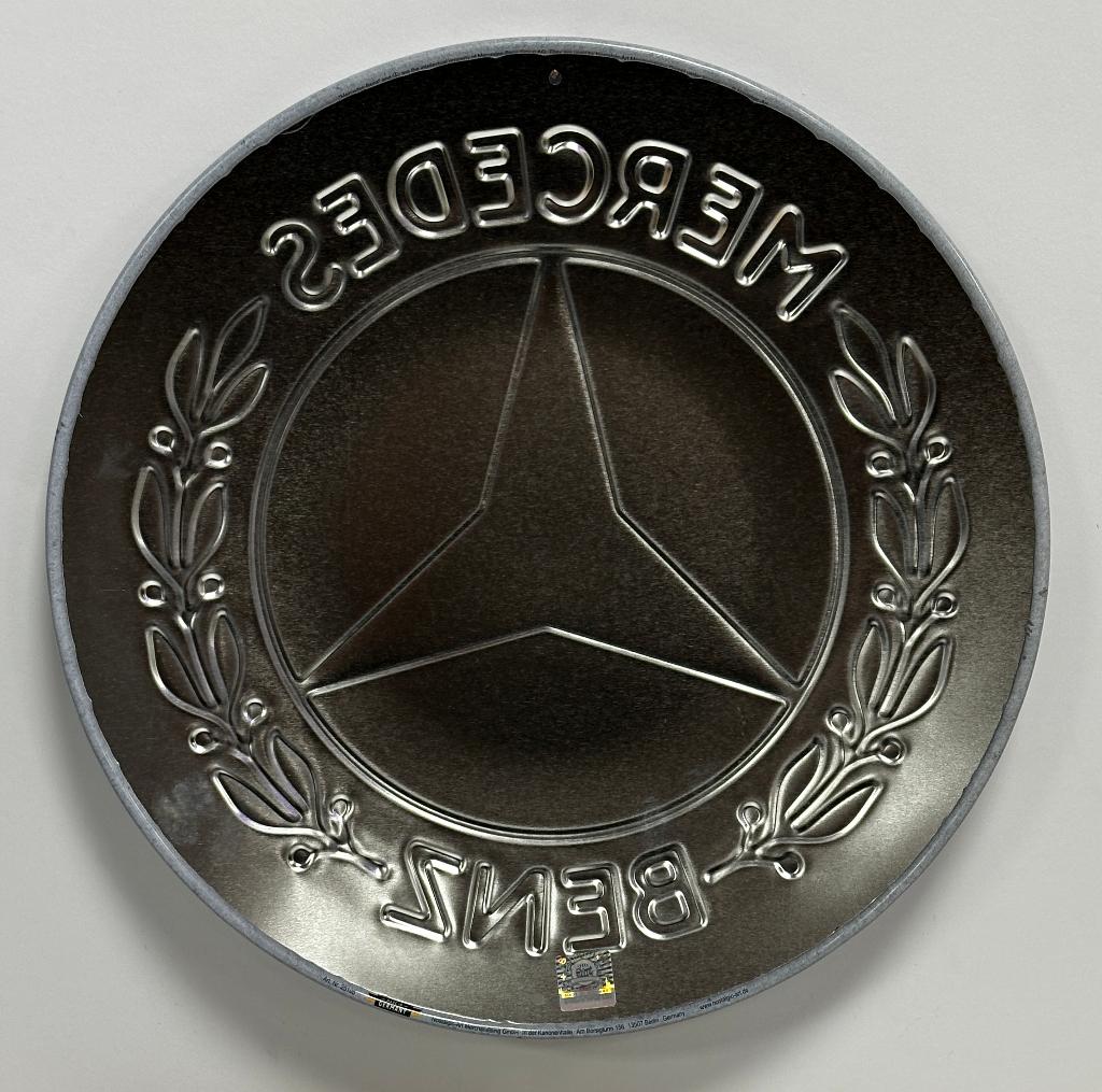 Mercedes Benz logo rond relief reclamebord van metaal deco, Ophalen of Verzenden, Nieuw, Auto's