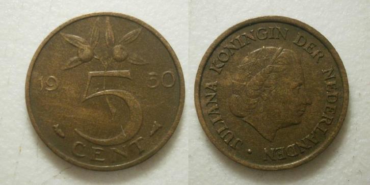 PD02576 Juliana 5 cent 1950, Postzegels en Munten, Munten | Nederland, 1 cent, Koningin Juliana, Ophalen of Verzenden