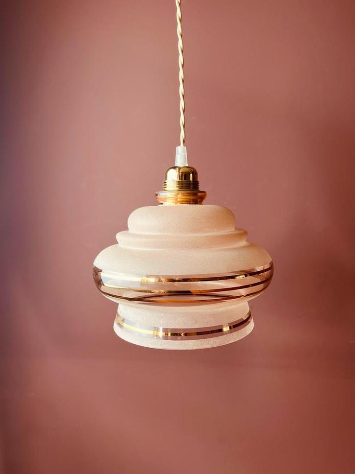 Art Deco roze hanglamp, Huis en Inrichting, Lampen | Hanglampen, Minder dan 50 cm, Glas, Ophalen of Verzenden