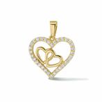 Gouden zirkonia Hart hanger met 2 gouden hartjes - 14 KRT, Nieuw, Ophalen of Verzenden, Hart, Goud