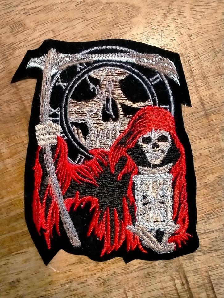 Grim Reaper zandloper magere hein logo patch embleem RARE, Verzamelen, Muziek, Artiesten en Beroemdheden, Nieuw, Kleding, Ophalen of Verzenden