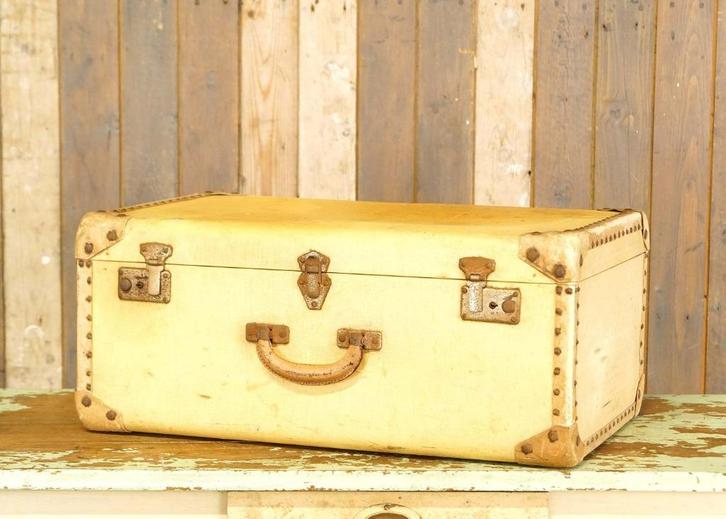 Oude gele brocante koffer 'Robin' - hutkoffer - opbergkoffer, Antiek en Kunst, Curiosa en Brocante, Ophalen of Verzenden