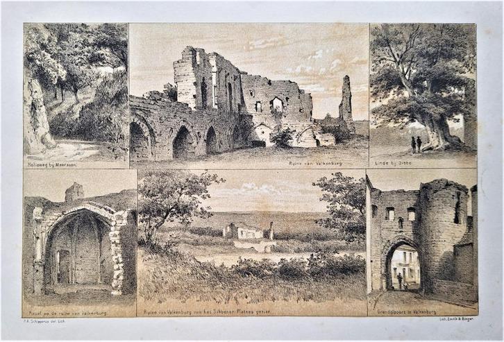 Valkenburg - Sibbe - Meerssen. Litho uit ca. 1880, Antiek en Kunst, Kunst | Litho's en Zeefdrukken, Ophalen of Verzenden