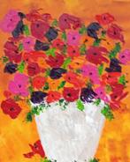 Schilderij kleurrijke bloemen in pot, Minder dan 50 cm, 50 tot 75 cm, Nieuw, Ophalen of Verzenden