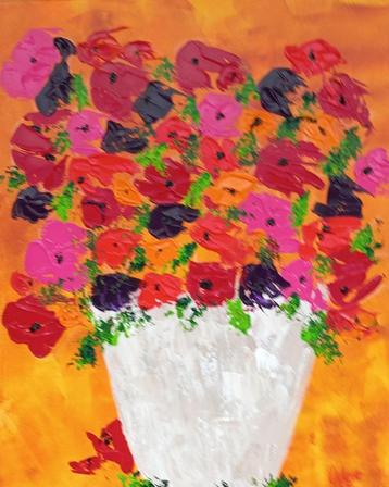 Schilderij kleurrijke bloemen in pot beschikbaar voor biedingen