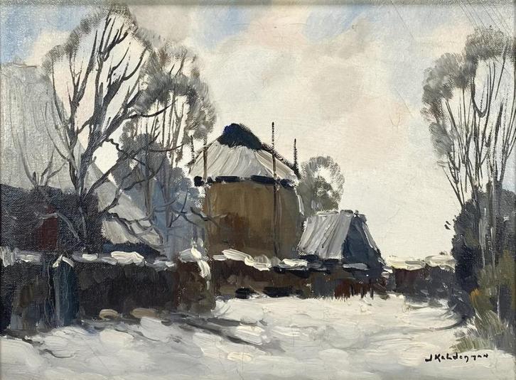 788. Olieverfschilderij, Jan Kelderman – Winterlandschap, Antiek en Kunst, Kunst | Schilderijen | Klassiek, Ophalen of Verzenden