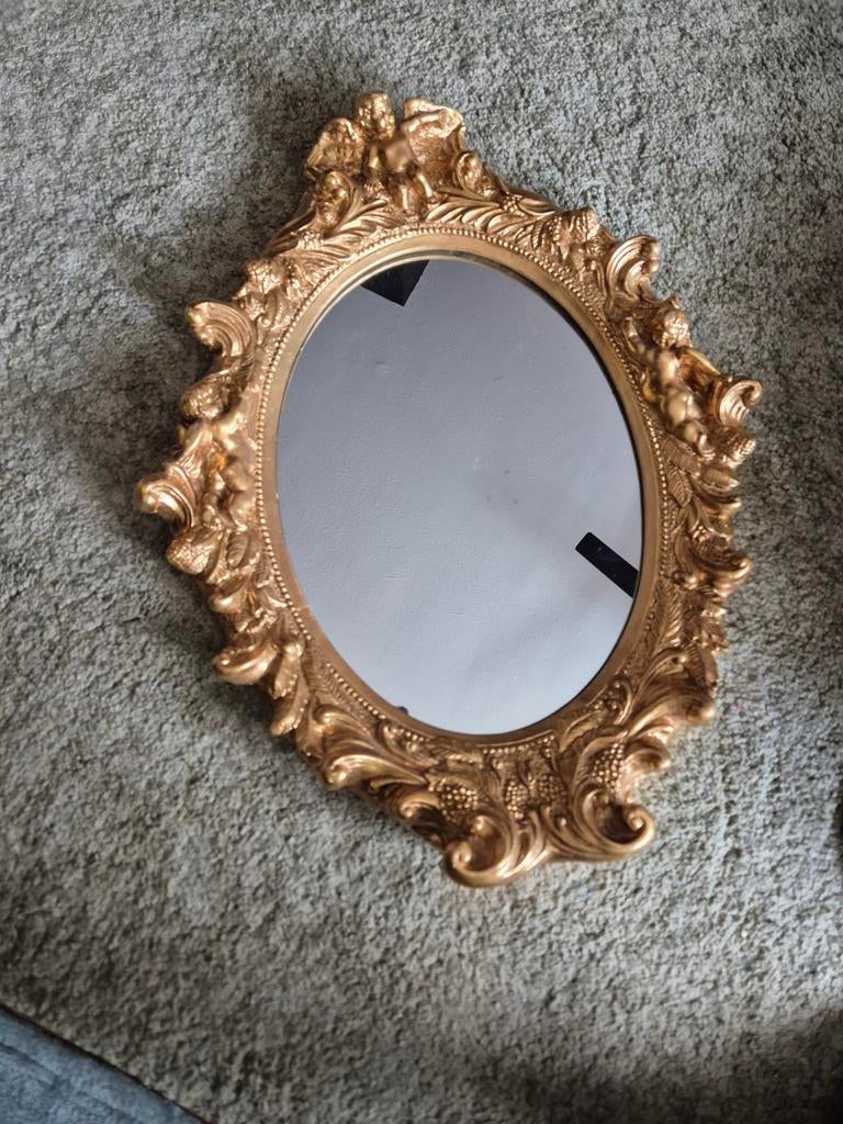 Mooie Brocante Gouden Ovale Spiegel, Ophalen, Minder dan 50 cm, Gebruikt, Minder dan 100 cm