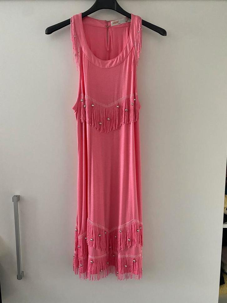 roze dames zomer jurk met fringe franjes kraaltjes mt L, Kleding | Dames, Jurken, Zo goed als nieuw, Maat 42/44 (L), Roze, Boven de knie