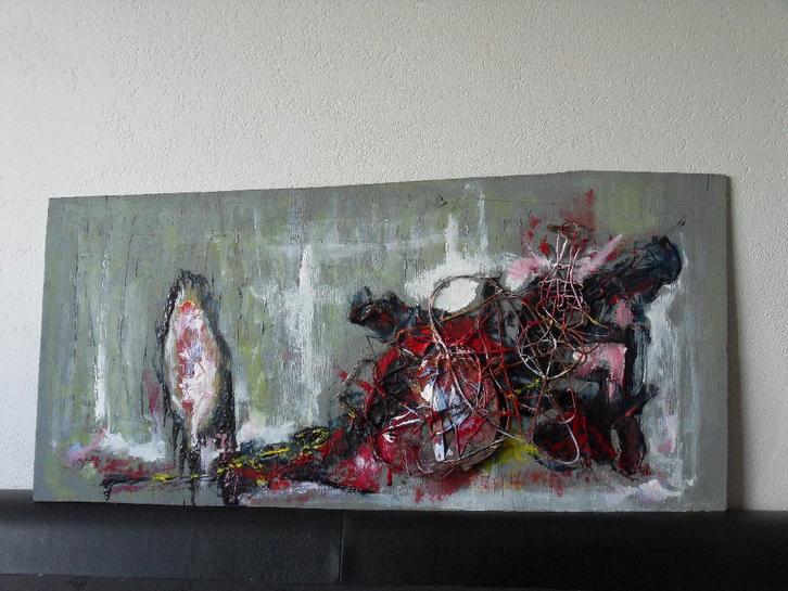 Schilderij, gemengd techniek op triplex. Liggend figuur., Huis en Inrichting, Woonaccessoires | Schilderijen, Tekeningen en Foto's