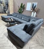 Grote Ribstof U-Bank/ Hoekbank - Grijs - 379cm, Huis en Inrichting, Ophalen, -, -, Hoekbank
