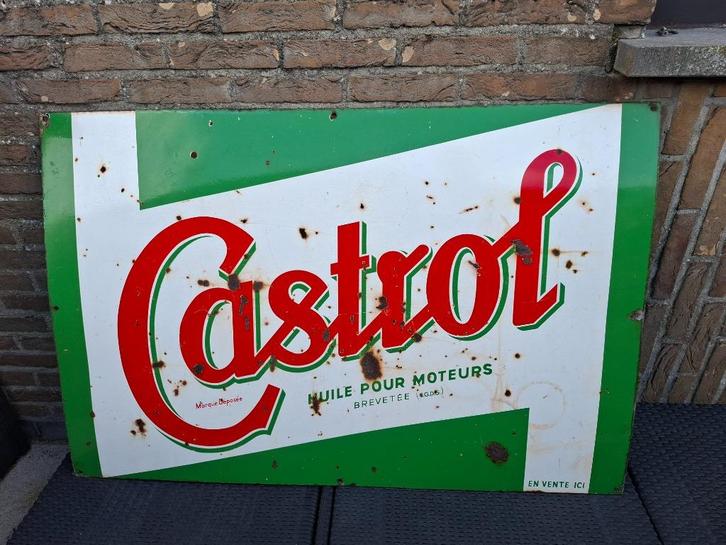 Groot emaillebord reclamebord Castrol motor olie, Verzamelen, Automerken, Motoren en Formule 1, Zo goed als nieuw, Auto's, Ophalen