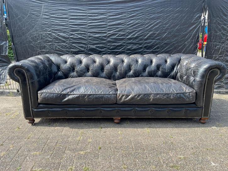 Prachtige Chesterfield bank vintage zwart GRATIS BEZORGD!, Huis en Inrichting, Banken | Bankstellen, Gebruikt, 75 tot 100 cm, Leer