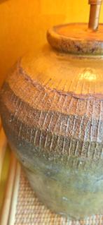 Vintage schemerlamp op aardewerk voet, linnen kap, Huis en Inrichting, Lampen | Tafellampen, Overige materialen, Vintage, Ophalen of Verzenden