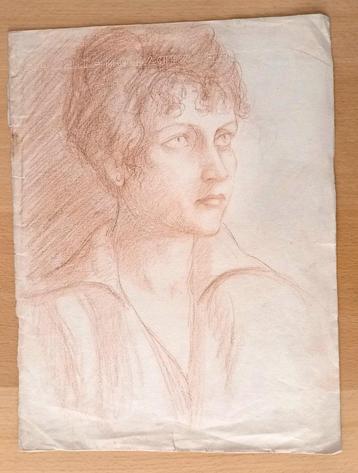 A493-10 Oude tekening Driekwart portret dame - met watermerk beschikbaar voor biedingen