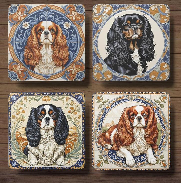 Cavalier Italiaans tegeltje onderzetters met houder, Huis en Inrichting, Woonaccessoires | Onderzetters, Nieuw, Glas of Kopje