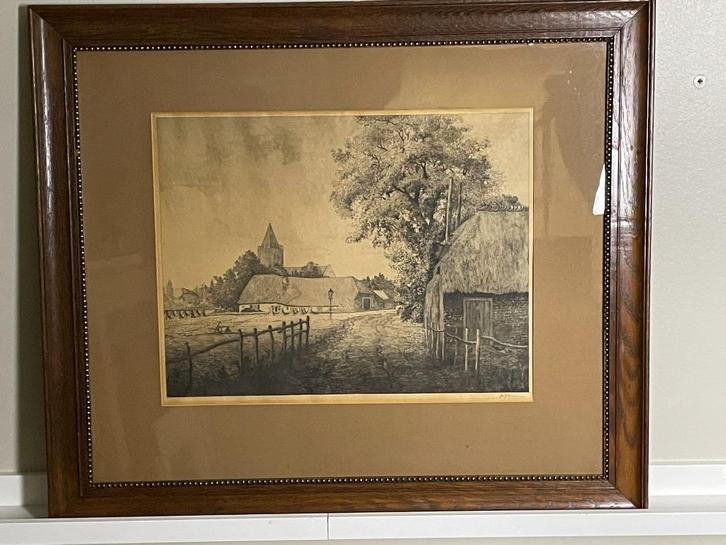 Jac. J. Koeman Zicht op boerderij en kerk - ets gesigneerd, Antiek en Kunst, Kunst | Etsen en Gravures, Ophalen of Verzenden