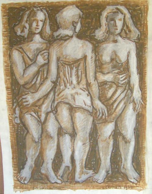 Hubert Bekman "drie vrouwen" sculptuur studie1964 sepiakrijt, Antiek en Kunst, Kunst | Tekeningen en Foto's, Ophalen of Verzenden