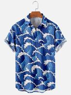 Blauw golven overhemd (heren mannen zee hawaii shirt zomer), Verzenden, Nieuw, Blauw, Overige halswijdtes