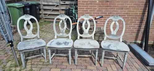 4 Vintage Stoelen - Opknappers, Huis en Inrichting, Stoelen, Gebruikt, Vier, Hout, Grijs, Ophalen