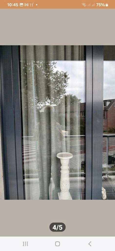 Vitrage/in between gordijnen 2x 95 br. x 256 hg. grijs/groen, Huis en Inrichting, Stoffering | Gordijnen en Lamellen, Zo goed als nieuw