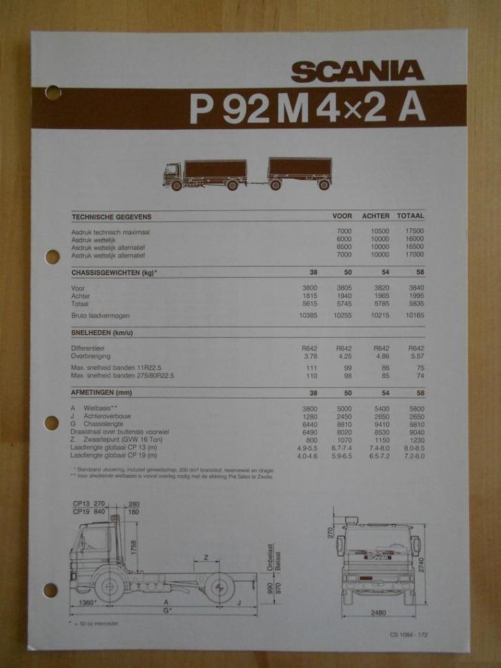 Scania P 92 4x2 1984 Technische Specificatie P 92, Boeken, Auto's | Folders en Tijdschriften, Zo goed als nieuw, Overige merken