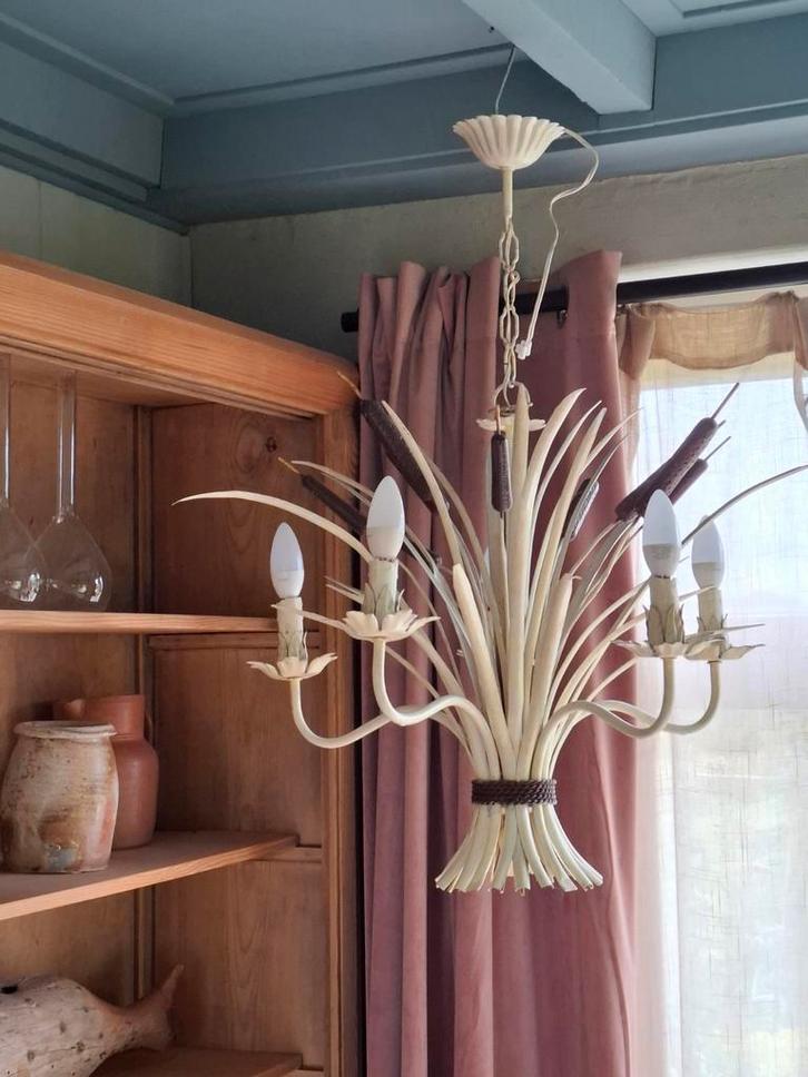 Oude vintage metalen bloemenlamp candelier hanglamp boeket, Huis en Inrichting, Lampen | Kroonluchters, Zo goed als nieuw, Ophalen of Verzenden