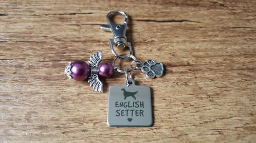 Sleutelhanger Engelse setter RVS met beschermengeltje, Hobby en Vrije tijd, Kralen en Sieraden maken, Nieuw, Hanger, Verzenden