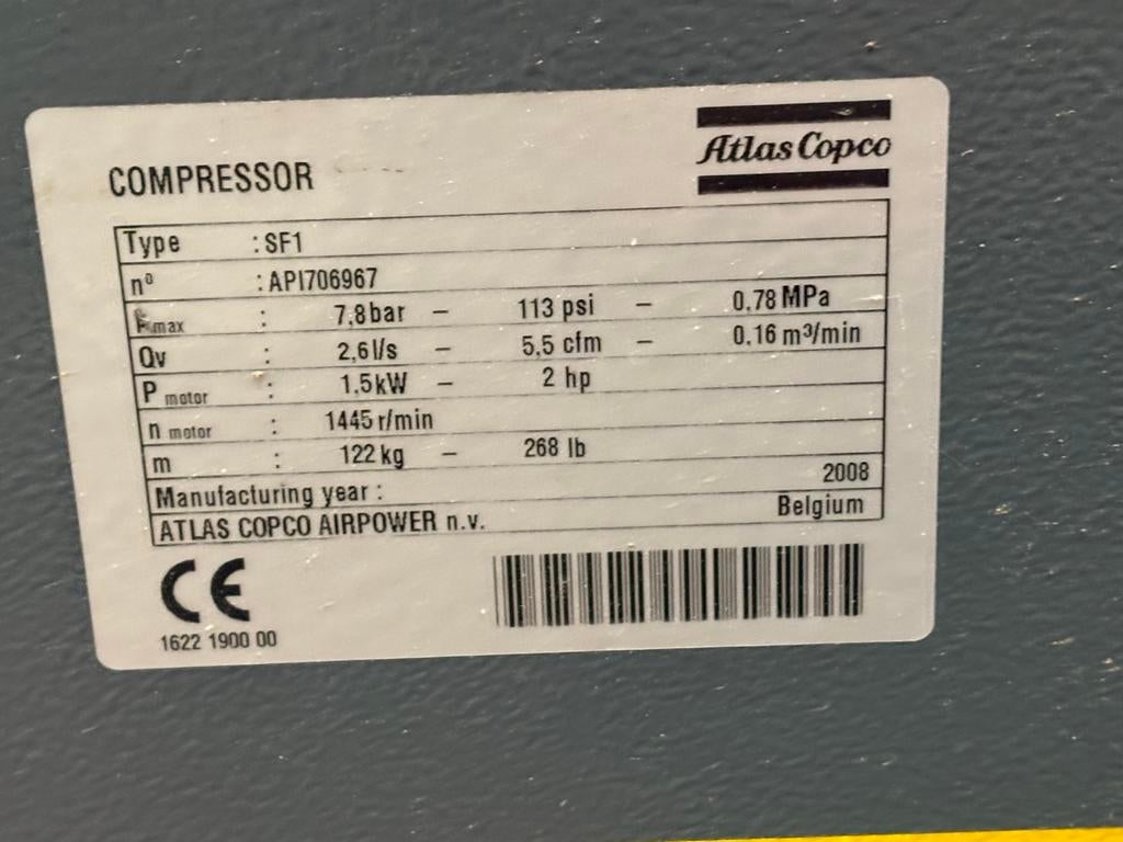 Atlas Copco SF1 Olievrije Compressor - Onbekend, Ophalen