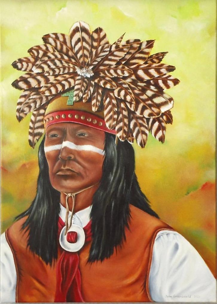 Indiaan Apache krijger, Antiek en Kunst, Kunst | Schilderijen | Klassiek, Ophalen of Verzenden