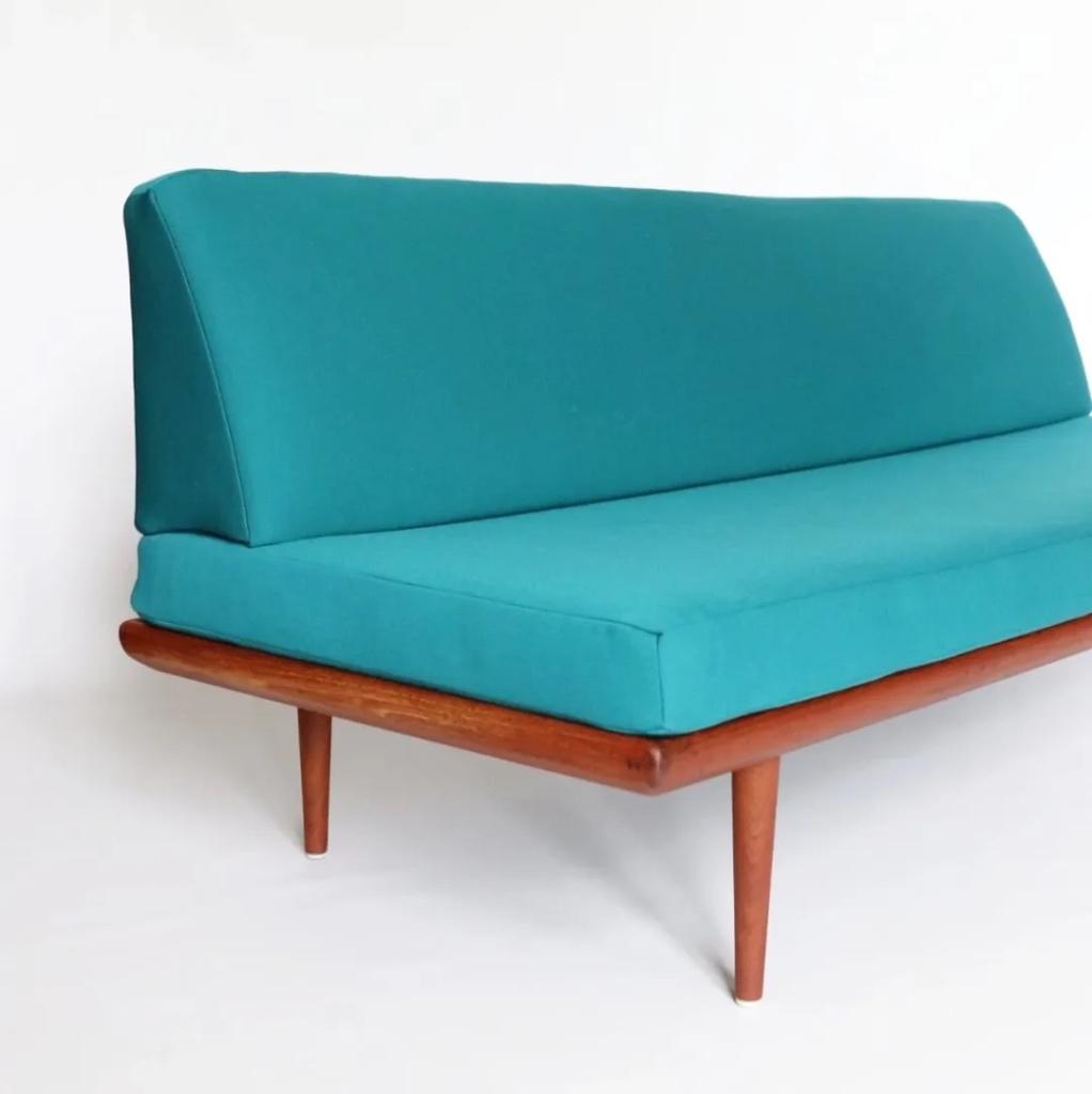 Vintage Minerva daybed 3 zits bank Kvadrat stof teak uniek, Vintage retro midcentury deens design, 150 tot 200 cm, Driepersoons