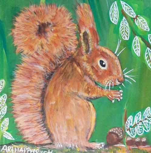 Eekhoorn schilderijtje op hout in vrolijk acryl, Antiek en Kunst, Kunst | Schilderijen | Modern, Ophalen of Verzenden
