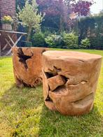 Twee teakhouten bijzettafels/plantentafels, Minder dan 45 cm, Minder dan 55 cm, Rond, Ophalen of Verzenden