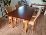 Eettafel van kersenhout met 4 stoelen met leren bekleding, Huis en Inrichting, Tafels | Eettafels, Ophalen, Gebruikt, 50 tot 100 cm